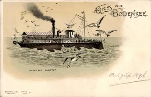 Litho Salondampfer auf dem Bodensee, Möwen