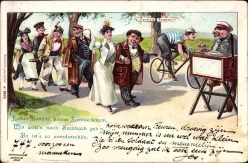 Litho Komm Karline, wir woll'n nach Seckbach gehn, Leierkasten, Drehorgel