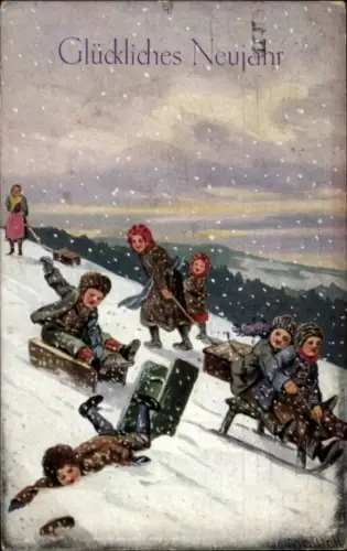 Künstler Ak Mailick, Glückwunsch Neujahr, Kinder fahren Schlitten