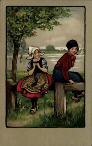 Künstler Ak Niederlande, Paar in Trachten, Mädchen beim Stricken