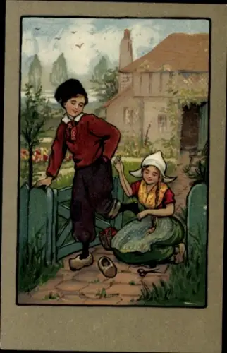 Ak Kinder in niederländischen Trachten, Haus