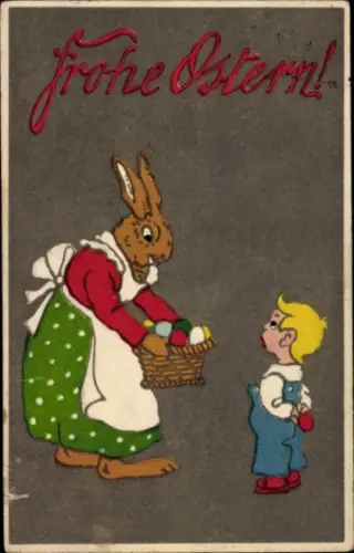 Ak Glückwunsch Ostern, Vermenschlichter Osterhase, Kind, Ostereier