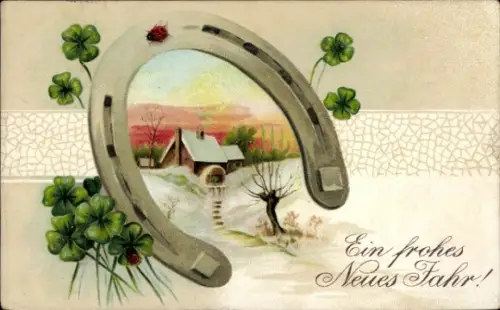 Ak Glückwunsch Neujahr, Hufeisen, Glücksklee