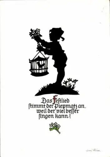 Scherenschnitt Ak G. Plischke, Das Festlied stimmt der Piepmatz an, weil der viel besser singen kann