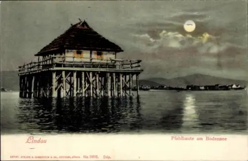 Ak Lindau am Bodensee Schwaben, Pfahlbau am Bodensee, Mondschein, Wasser, Lindau