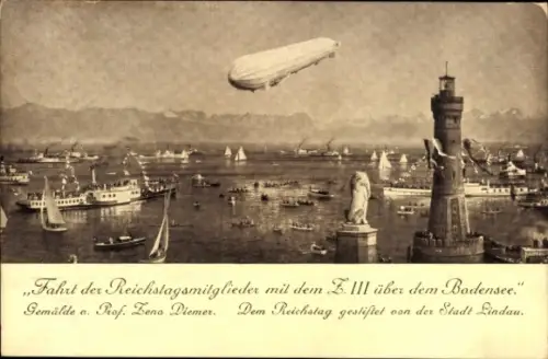 Künstler Ak Diemer, Zeno, Lindau am Bodensee Schwaben, Zeppelin Z III über dem Bodensee
