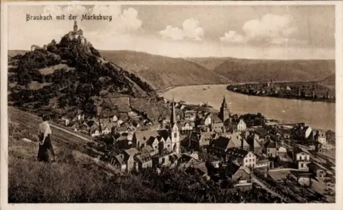 Ak Braubach am Rhein,  Marksburg, Rhein, Flusslandschaft, Häuser, Kirche