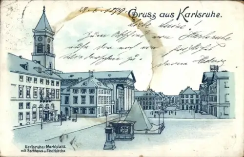 Litho Karlsruhe in Baden, Marktplatz, Rathaus, Stadtkirche