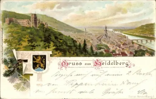 Litho Heidelberg am Neckar, Panorama, Wappen