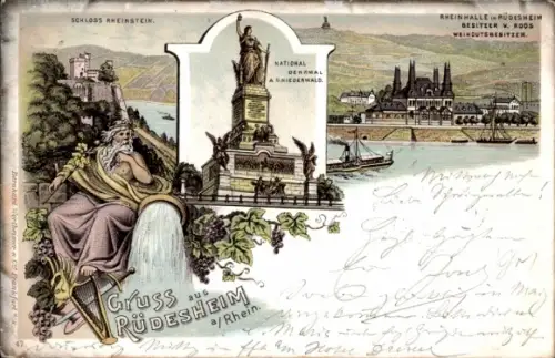 Litho Rüdesheim am Rhein, Schloss Rheinstein, National-Denkmal a.d. Niederwald, Rheinhalle