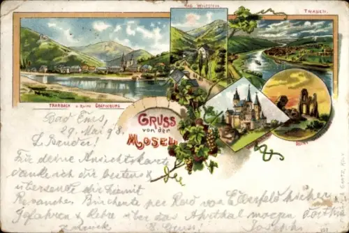 Litho Traben Trarbach an der Mosel, Gesamtansicht, Ruine, Ruine Gräfenburg