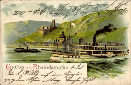 Litho Dampfer Overstolz auf dem Rhein, Burgruine