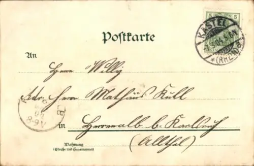 Litho Dampfer Overstolz auf dem Rhein, Burgruine