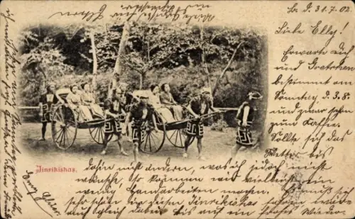 Ak Japan, Jinrikishas, japanische Frauen in Rikschas