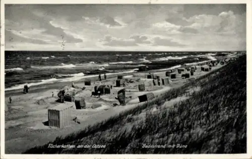 Ak Pogorzelica Fischerkaten Rewal Rewahl Pommern, Badestrand mit Düne