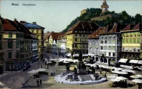 Ak Graz Steiermark,  Hauptplatz, Marktstände, Brunnen,  Gebäude