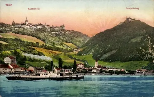 Ak Wien 19. Döbling Kahlenbergerdorf,  Kahlenberg, Leopoldsberg, Fluss mit Dampfschiff