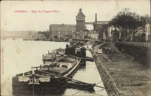 Ak Corbeil Essonne, Quai de l'Apport-Paris, Schiffe, Wasser, Gebäude, Corbeil