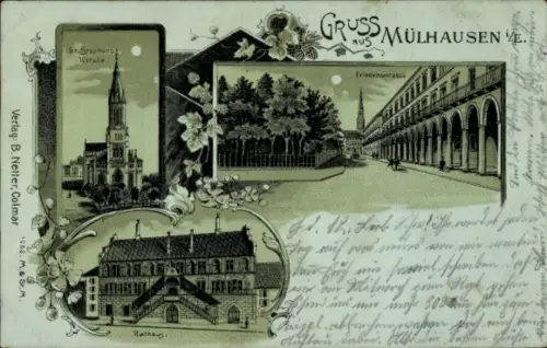 Ak Mulhouse Mülhausen Elsass Haut Rhin, Drei Ansichten von  St. Stephan Kirche, Friedenstraße, Ra