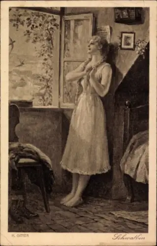 Künstler Ak Gitter, H., Schwalben, junge Frau am Fenster