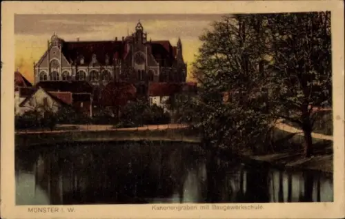 Ak Münster in Westfalen, Münster I.W., Kanonengraben mit Baugewerkschule, malerische Landschaft