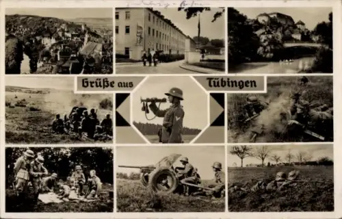 Ak Tübingen am Neckar, Grüße aus  Szenen aus dem Krieg, Soldaten mit Artillerie, Landschaft