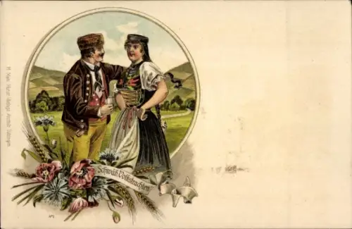 Litho Tübingen am Neckar, schwäbische Volkstrachten