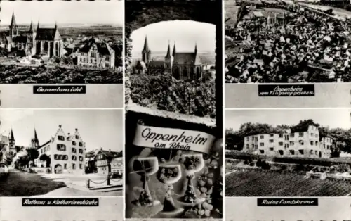 Ak Oppenheim am Oberrhein, Gesamtansicht, Rathaus, Katharinenkirche,  Ruine Landskrone