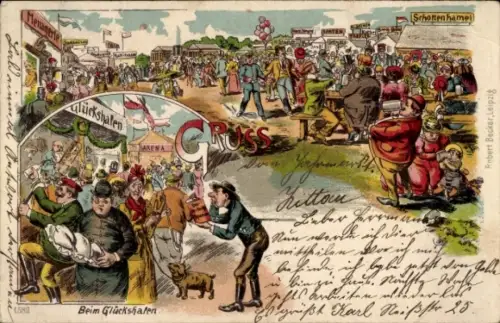 Litho Feiernde Menschen, Fest, Vergnügungspark, Stände