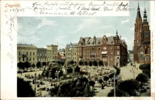 Ak Legnica Liegnitz Schlesien, Friedrichsplatz, Denkmal, Straßenbahn