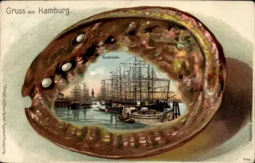 Muschel Litho Hamburg, Niederhafen, Segelschiffe