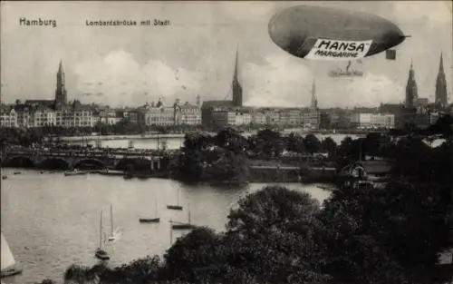 Ak Hamburg, Lombardsrücke, Zeppelin, Werbung Hansa Margarine