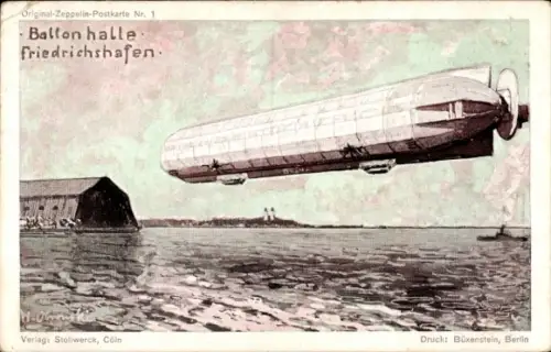 Künstler Ak Friedrichshafen am Bodensee, Zeppelin mit Luftschiffhalle