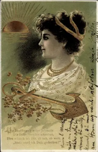 Jugendstil Präge Litho Die Hoffnung möge jederzeit..., Anker, Frauenbildnis, Sonnenaufgang