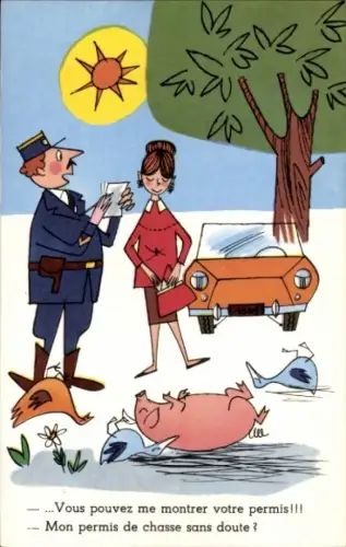 Künstler Ak Sie können mir Ihren Führerschein zeigen, Unfall, Polizist, Humor