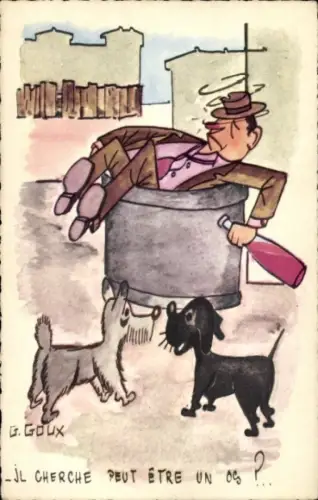 Künstler Ak Goux, G., Il cherche peut etre un os, betrunkener Mann, Hunde, Humor