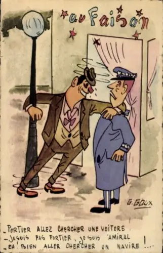 Künstler Ak Goux, G., Portier, hol ein Auto, betrunkener Mann, Humor