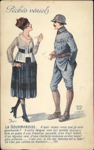 Künstler Ak Péchés véniels, La Gourmandise, Soldat mit Zigarette, Frau