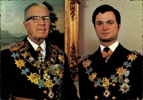 Ak König Gustaf VI Adolf von Schweden, Kronprinz Carl Gustaf, Portrait