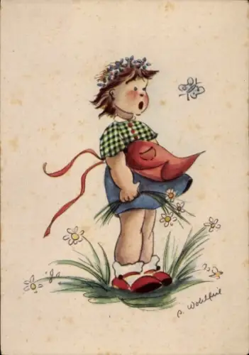 Künstler Ak Kind auf Blumenwiese, Schmetterling