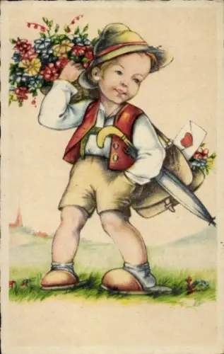 Ak Junge mit Blumenkorb und Sonnenschirm