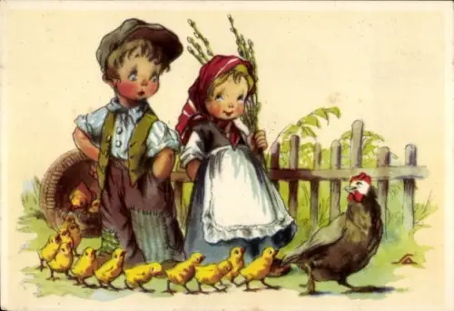 Künstler Ak Salac, A. L., Zwei Kinder, Henne mit Küken