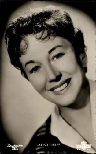 Ak Schauspielerin Alice Treff, Portrait in die Kamera lachend, Was die Schwalbe sang, Autogramm