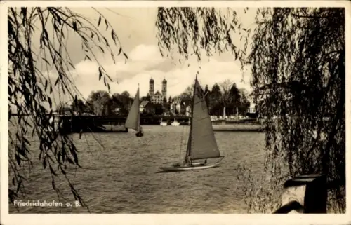 Ak Friedrichshafen am Bodensee, Segelboote auf dem Wasser,  Bäume im Vordergrund