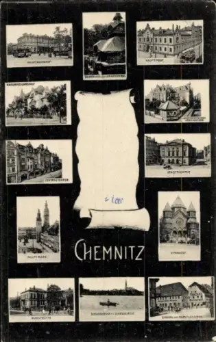 Ak Chemnitz in Sachsen,  Naturheilanstalt, Hauptmarkt, Centralater, Stadtthater, Synagoge