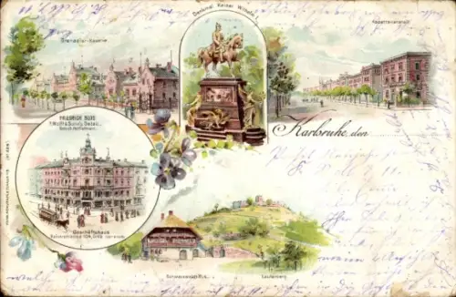 Litho Karlsruhe, Grenadier-Kaserne, Denkmal Wilhelm I, Kadettenanstalt, Geschäftshaus Friedrich Blos