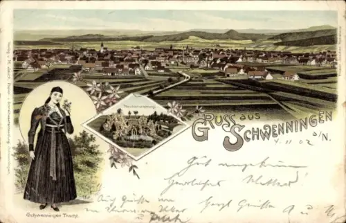 Litho Schwenningen am Neckar, Panorama, Neckarursprung, Schwenninger Tracht