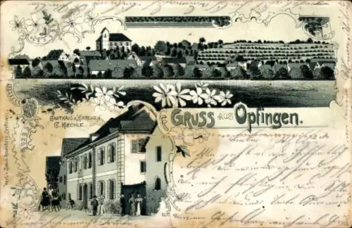Litho Opfingen Freiburg im Breisgau, Gesamtansicht, Gasthaus zum Hirschen, G. Kiechle