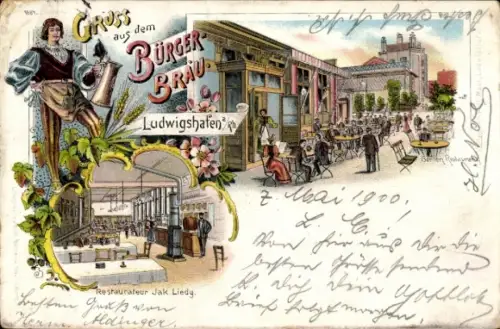 Litho Ludwigshafen am Rhein, Bürger-Bräu, Restaurateur Jak. Liedy