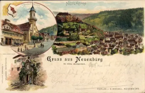 Litho Neuenbürg an der Enz Schwarzwald, Gesamtansicht, Marktplatz, Kirche, Schlosstor